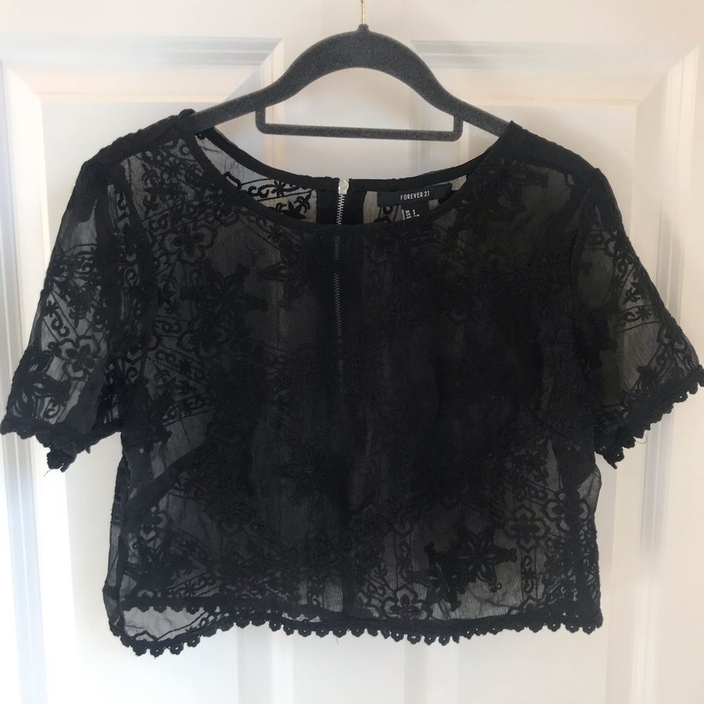 Cropped sheer zip back Lacey top.